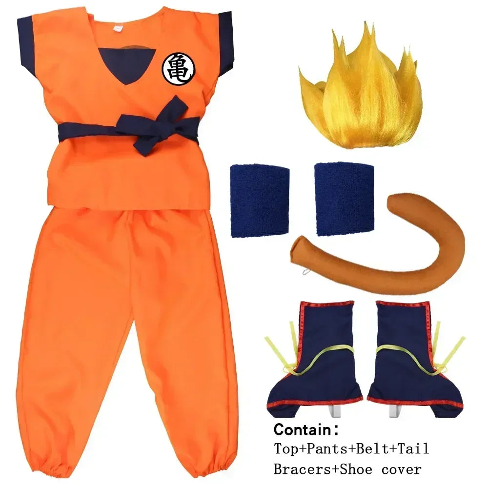 Orange costume outfit with yellow wig, navy bracers, shoe covers, and tail
