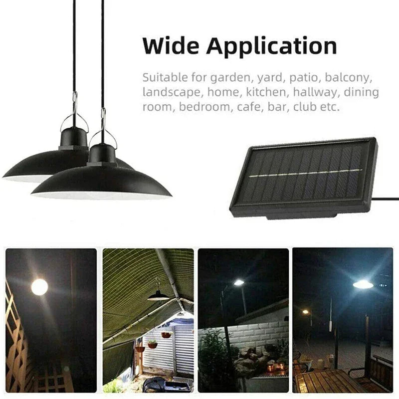 Solar outdoor pendant light set with two hanging black lamp shades and rectangular solar panel
