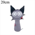 Gray plush stuffed cat character with pointed ears, round eyes, and red accents