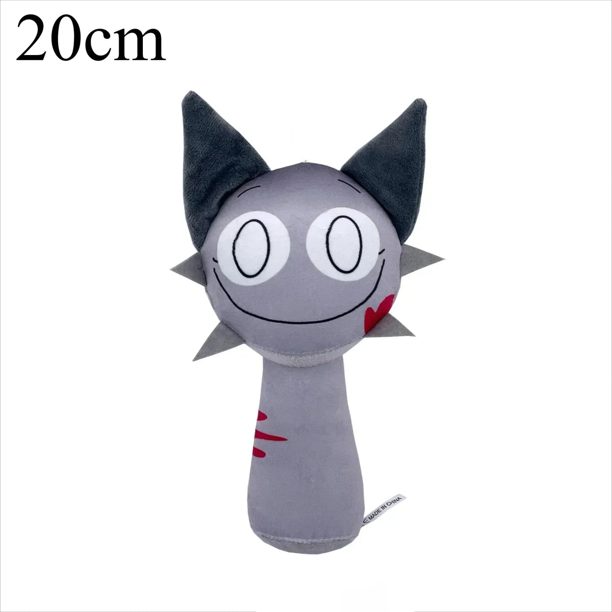 Gray plush stuffed cat character with pointed ears, round eyes, and red accents