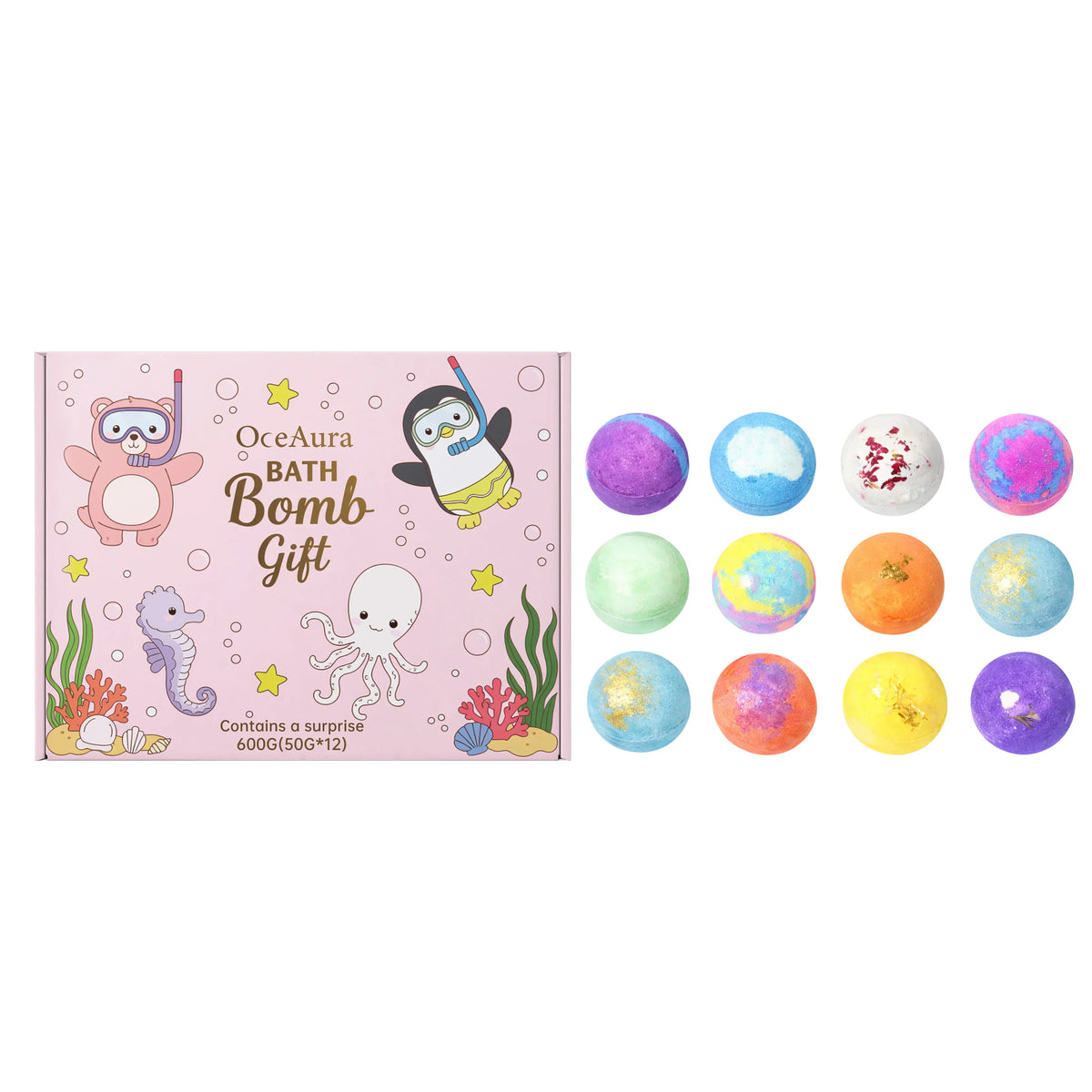 Bath bomb gift set box with colorful round bath bombs, some with speckled tops