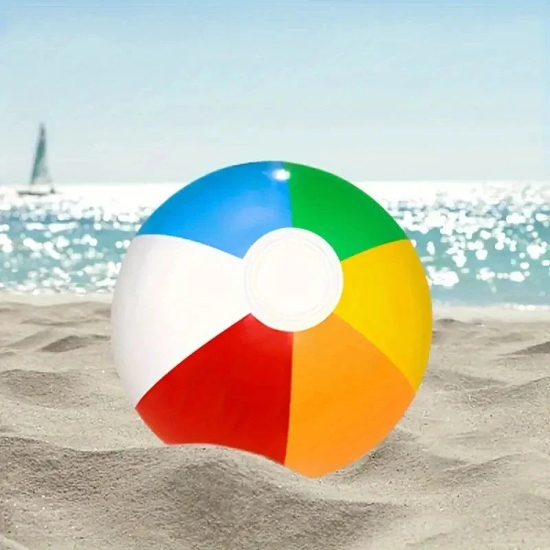 Inflatable beach ball in multicolor panels with white center valve