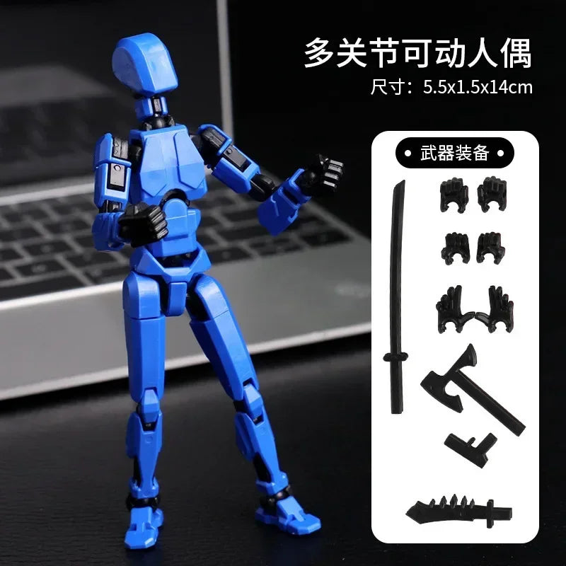 Blue multi-jointed robot action figure with weapon accessory parts card
