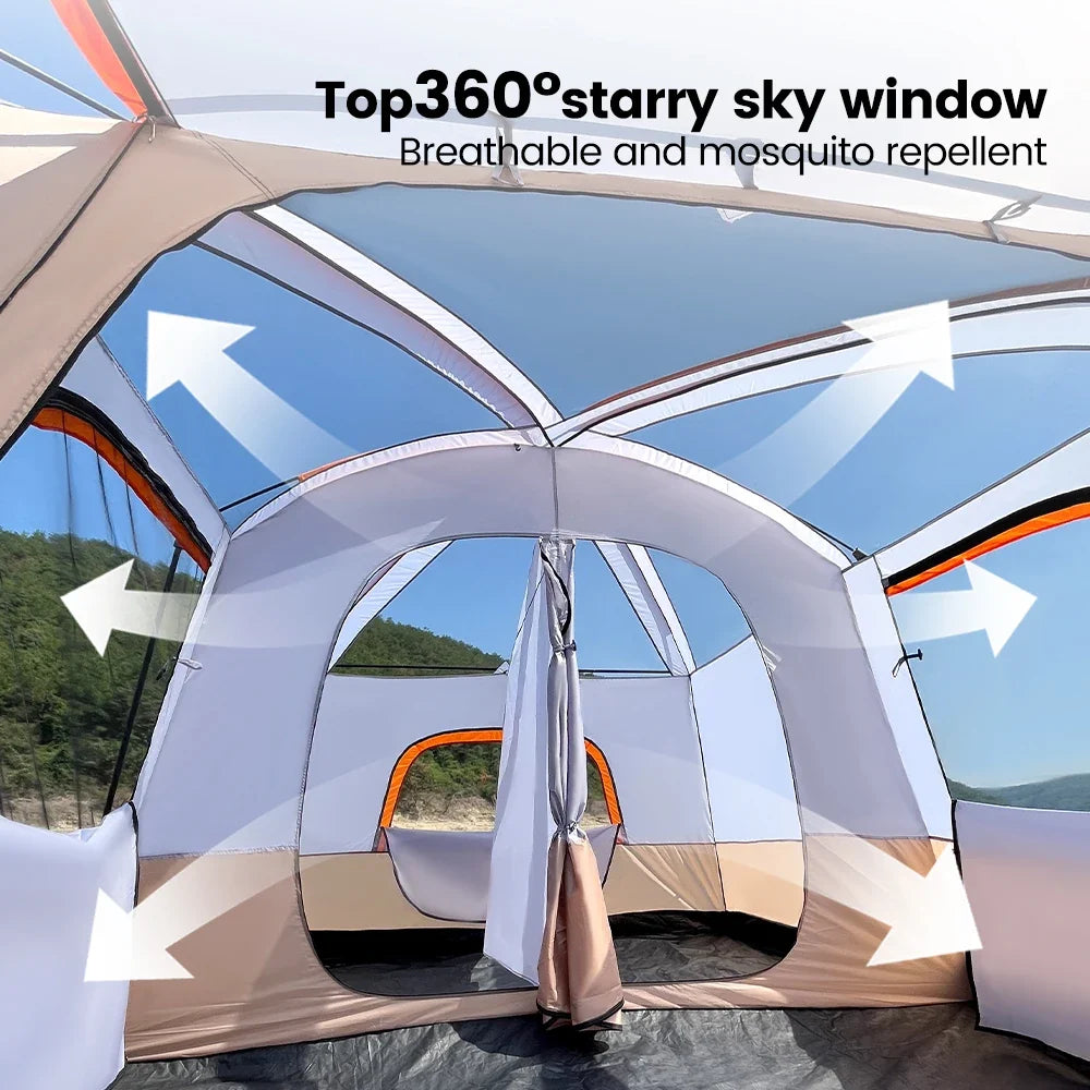 Camping tent front with arched interior sections and large blue mesh star window