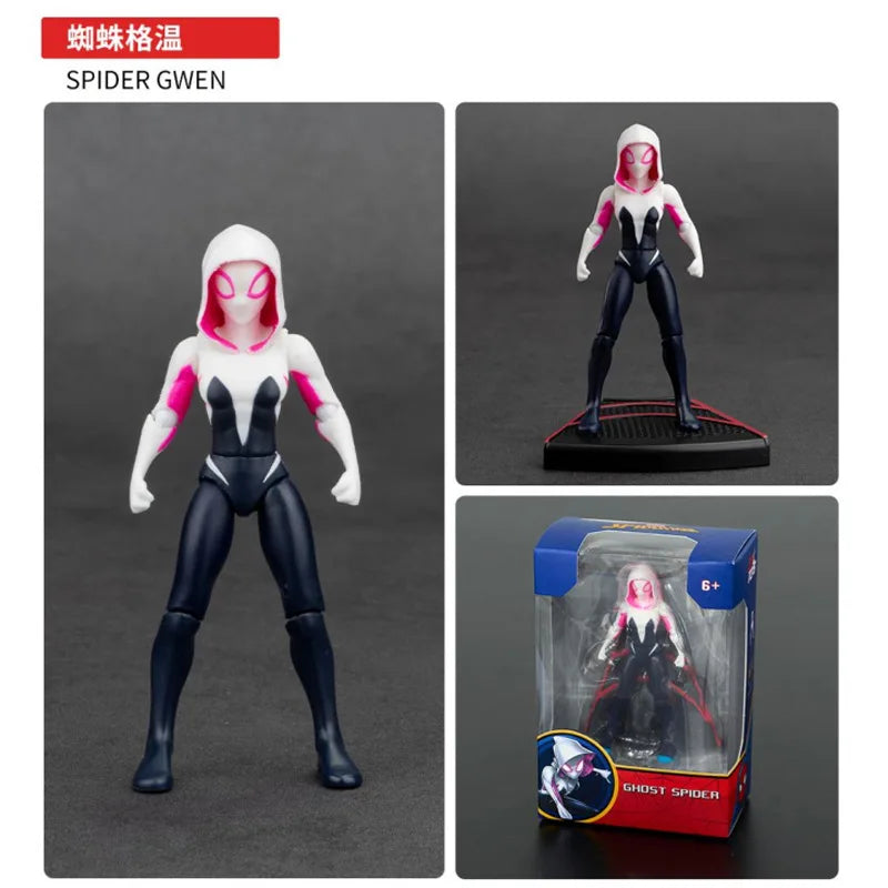 4-inch poseable Spider Gwen action figure with white hood and black suit, on base