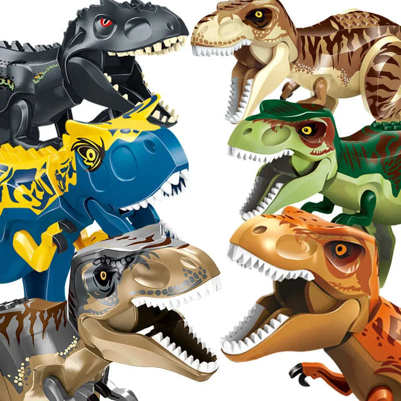 Assorted dinosaur building block heads and torsos, black and tan, blue, green, and orange