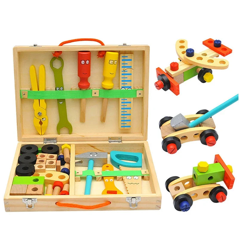 Kids wooden toolbox set with colorful pretend tools and screws in an open wooden case
