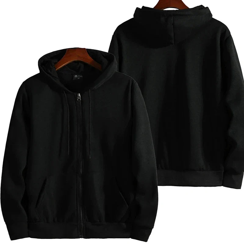 Mens black zip-up hoodie with hood, drawstrings, long sleeves, front pockets