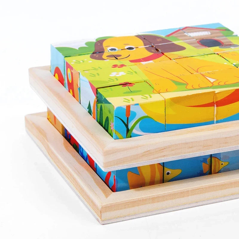 Wooden six-sided animal puzzle blocks stacked on a wooden base with jungle animal artwork