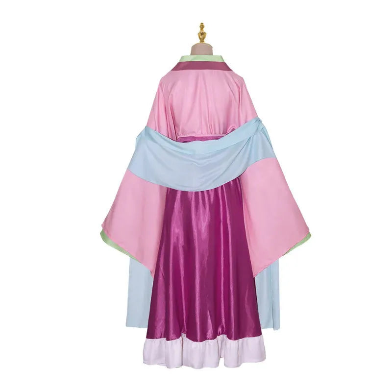Back view of pink anime cosplay dress with purple skirt panel and light blue drape sleeves