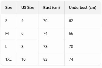 Bra size chart: US sizes S to 1XL with bust and underbust measurements