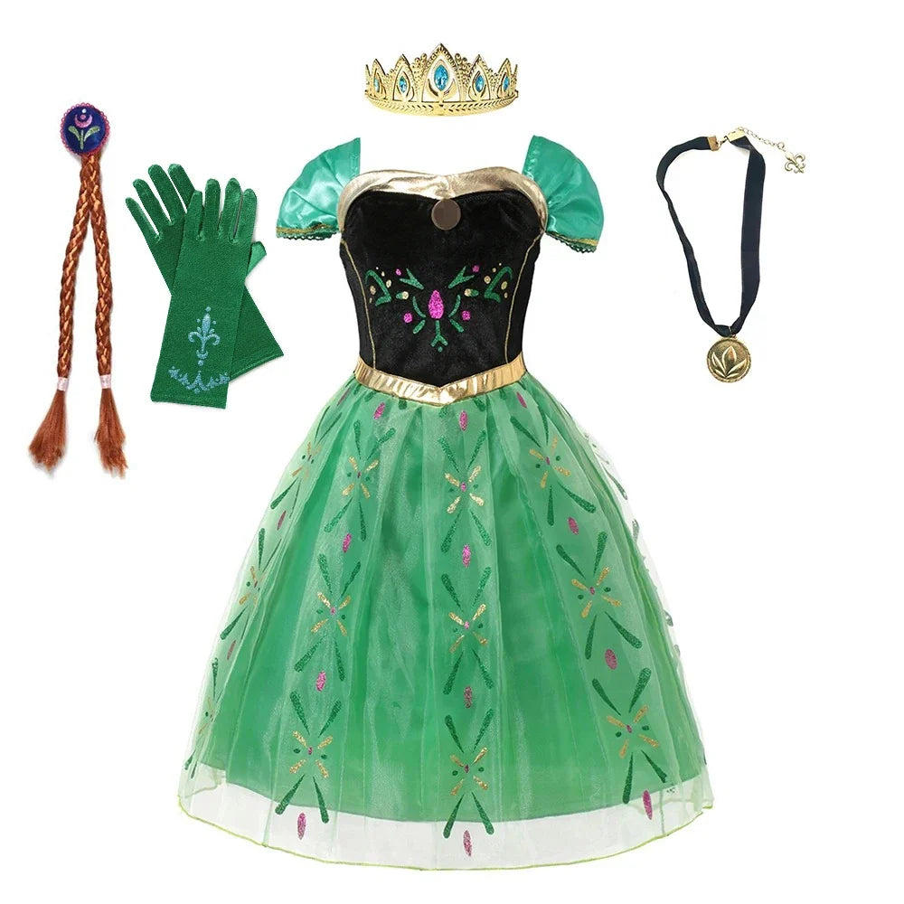 Green princess dress with black corset-style bodice and gold trim, flared tulle skirt.