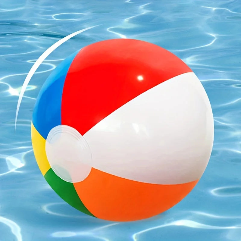 Red, white, blue, green inflatable beach ball with valve detail