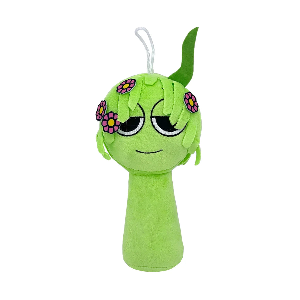 Green plush cartoon character doll with purple spots, soft stuffed toy