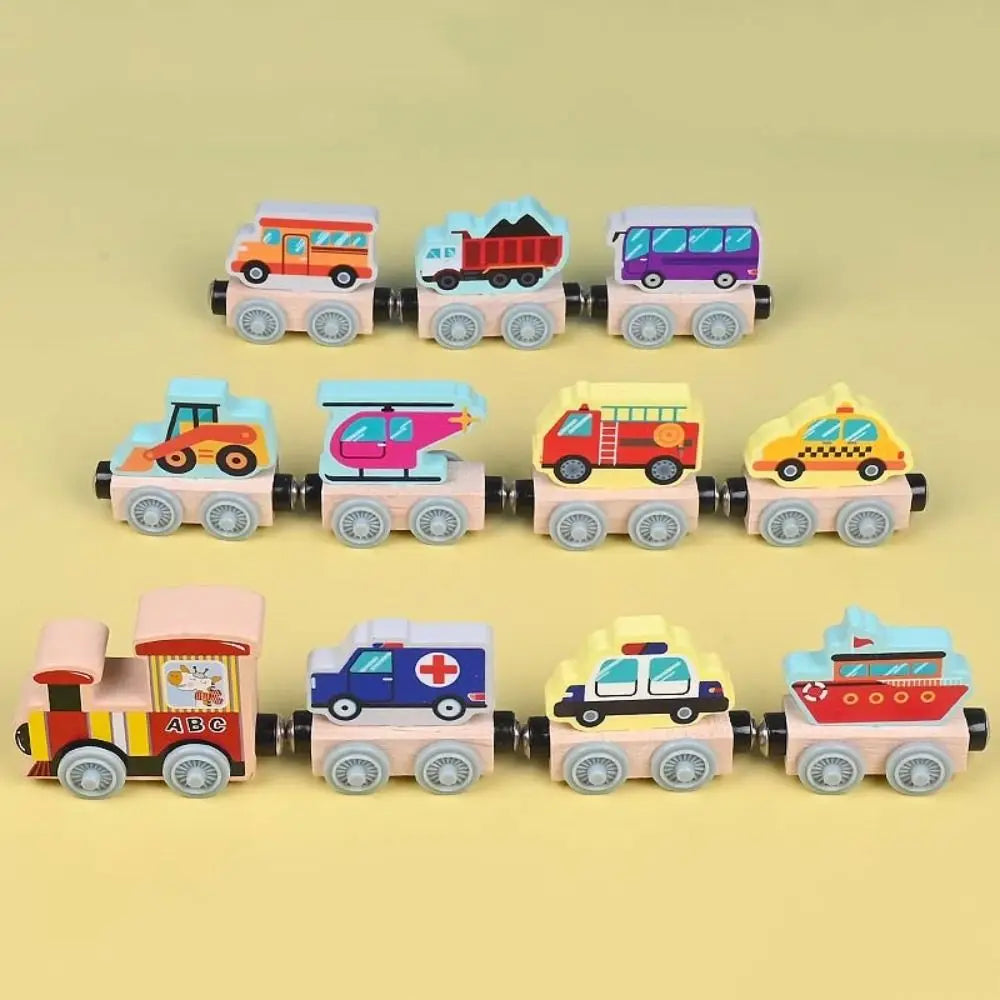 Wooden magnetic train set with colorful traffic vehicle block cars, including bus, fire truck, and boat