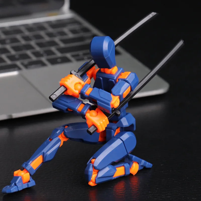 Blue and orange multi-jointed robot action figure with long weapon accessories