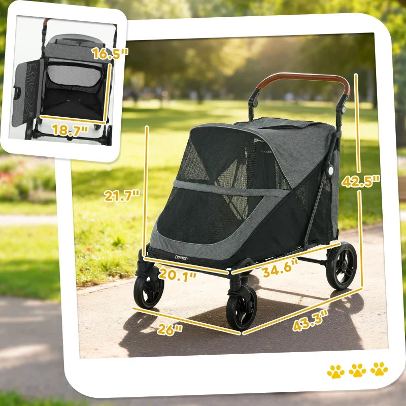 Black and gray dog stroller with canopy cover, brown handle, and four caster wheels