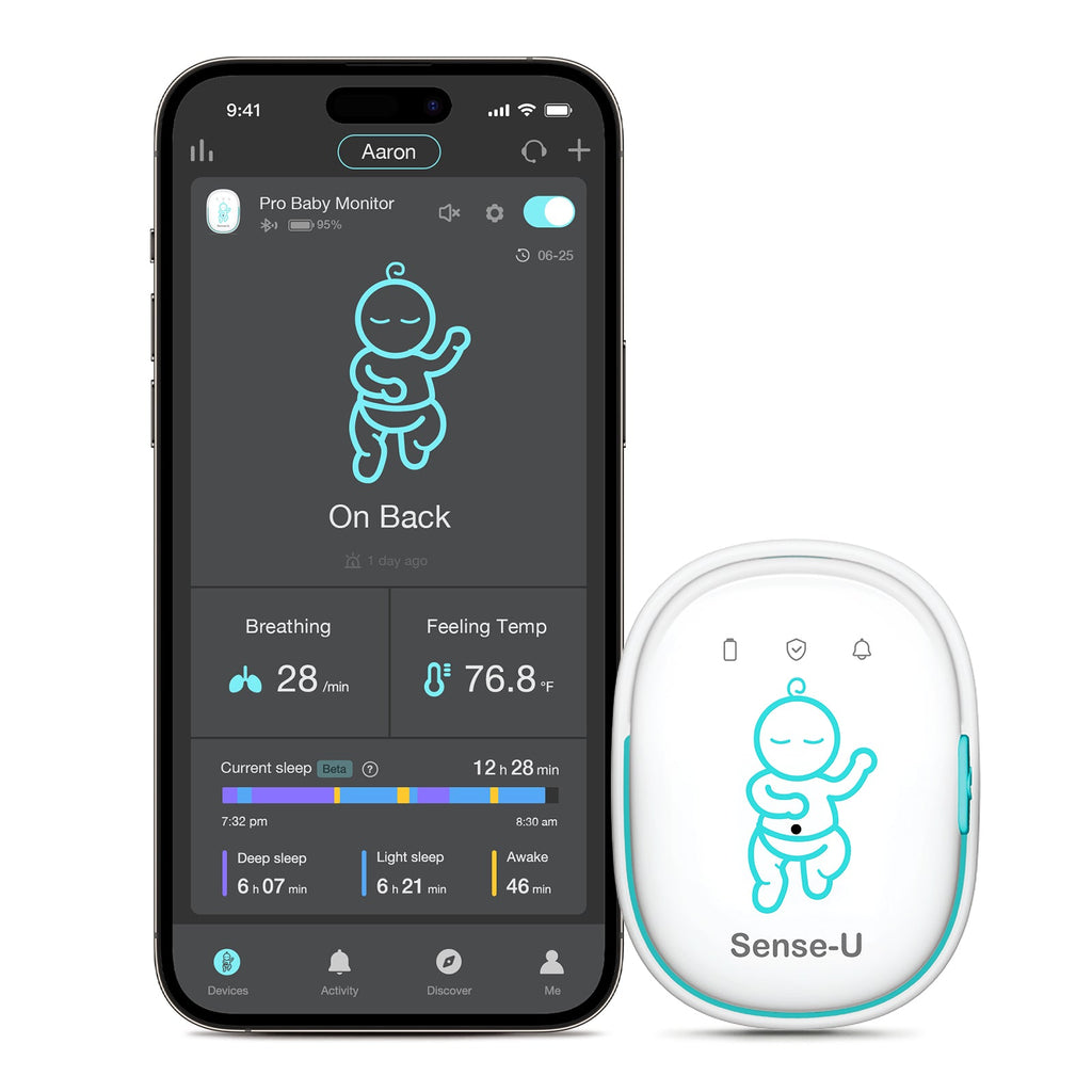 Pro baby monitor smartphone app display with blue clip-on baby sensor