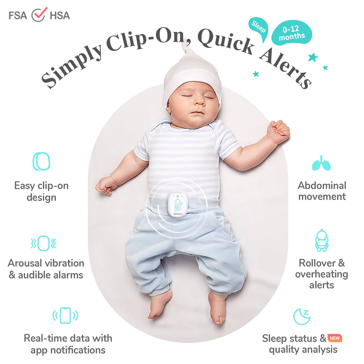 Pro baby monitor clip-on sensor with infant sleep alerts on a promotion graphic