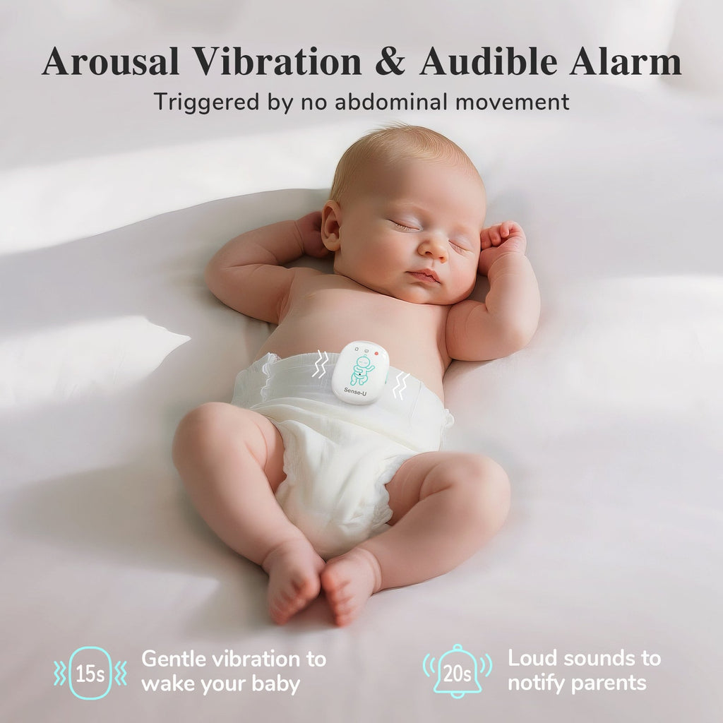 Pro baby monitor clip-on sensor on a sleeping baby with alarm vibration sound