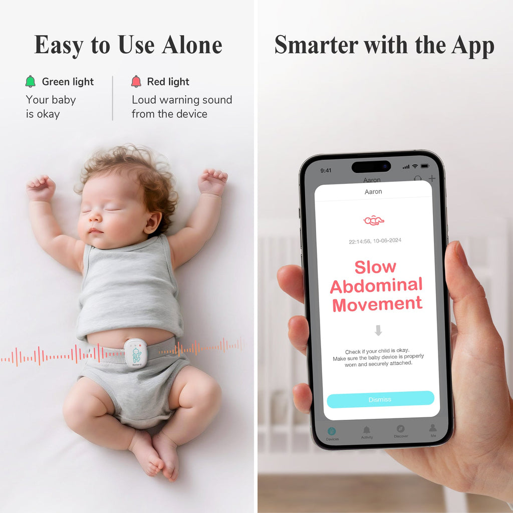 Pro baby monitor baby sensor and smartphone app screen showing slow abdominal movement