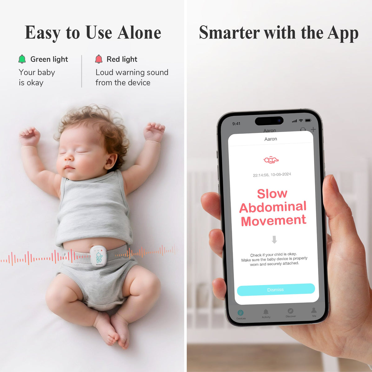 Pro baby monitor baby sensor and smartphone app screen showing slow abdominal movement
