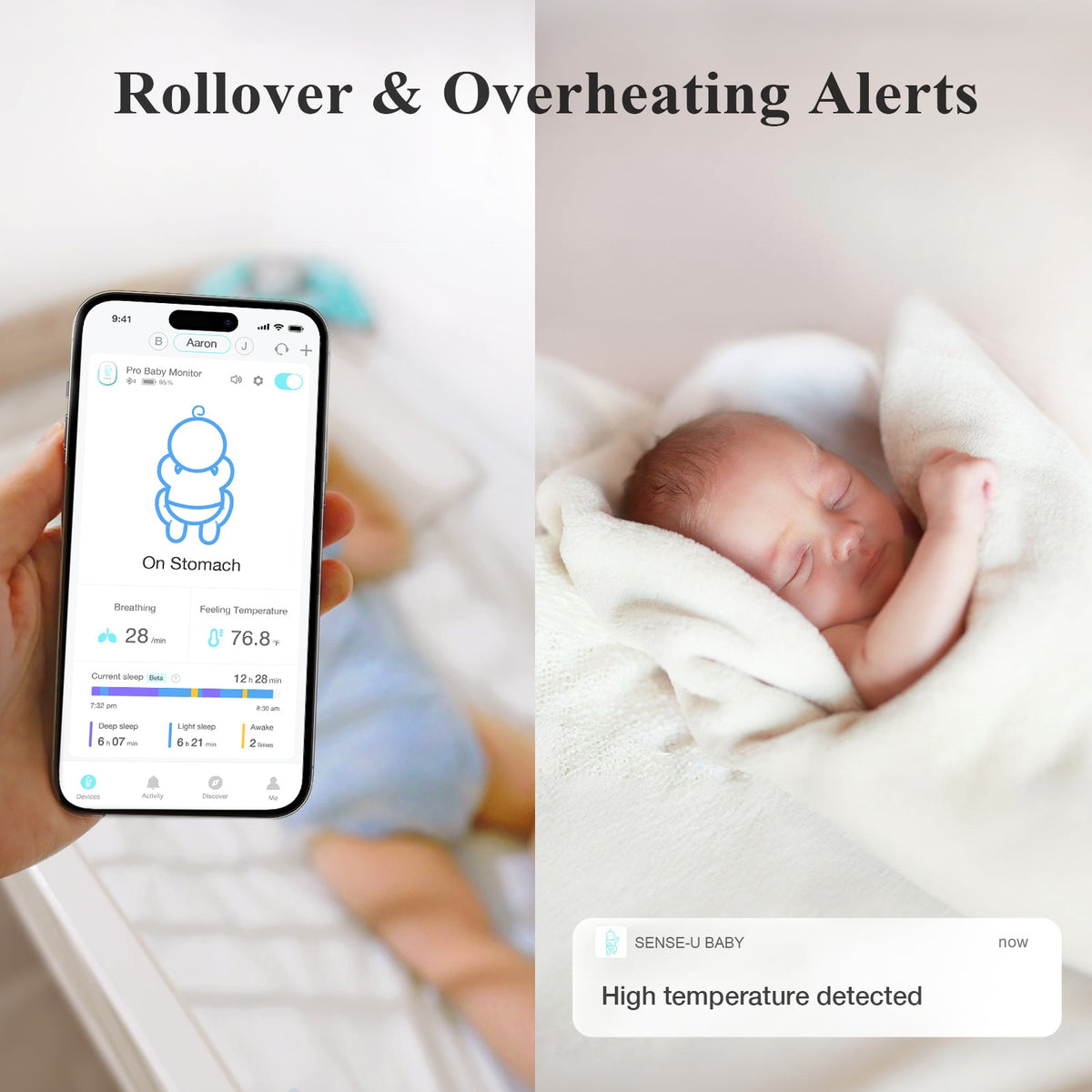Pro baby monitor phone app and baby sensor showing rollover and overheating alerts