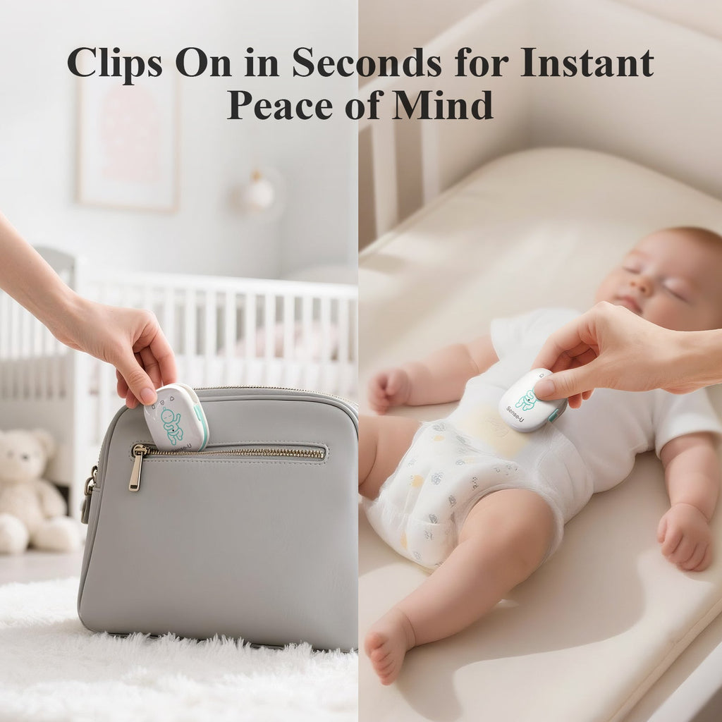 Pro baby monitor clip-on sensor with baby and charging case beside the crib