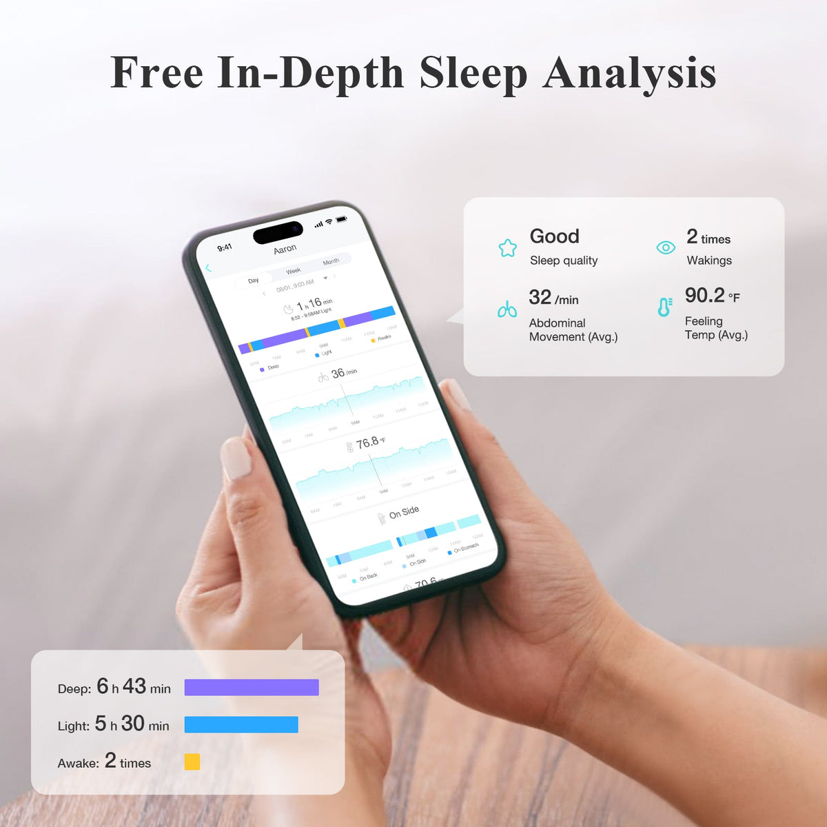 Pro baby monitor smartphone app with sleep analysis graph and status bubble