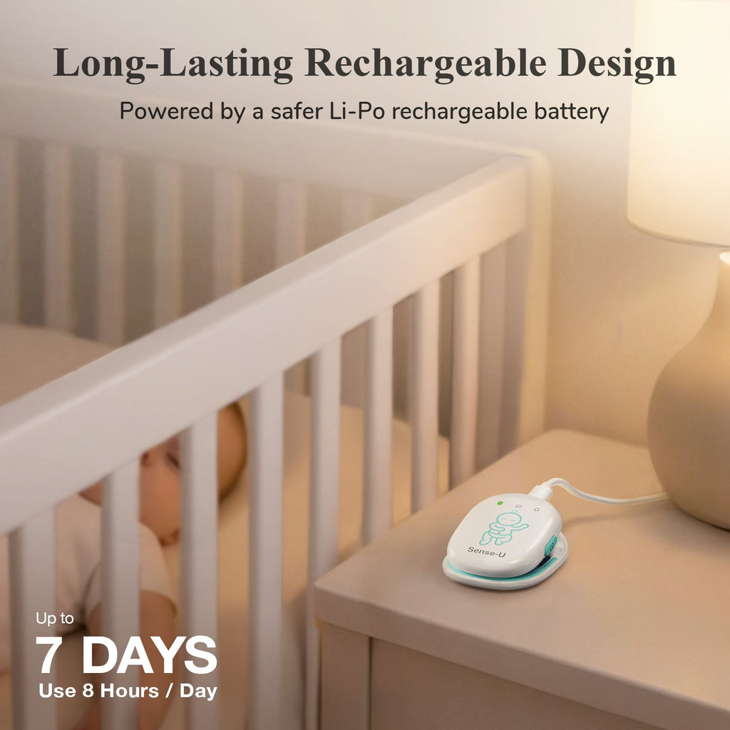 Pro baby monitor clip-on sensor on a bedside surface with long-lasting rechargeable design
