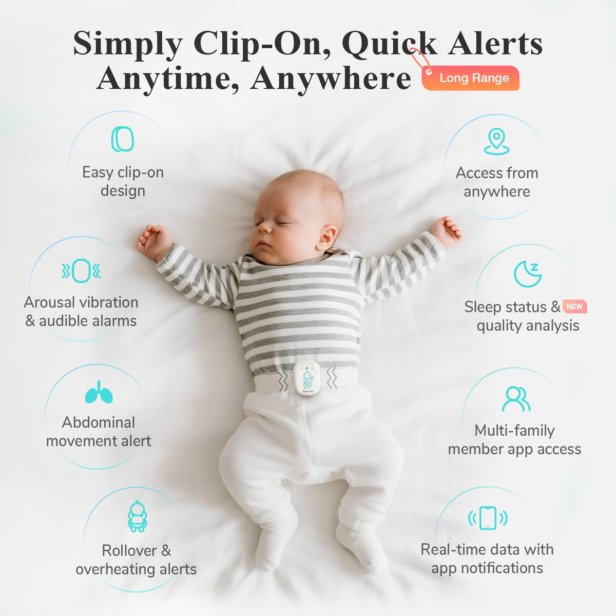Baby monitor alert features shown with white sensor device and clip icon