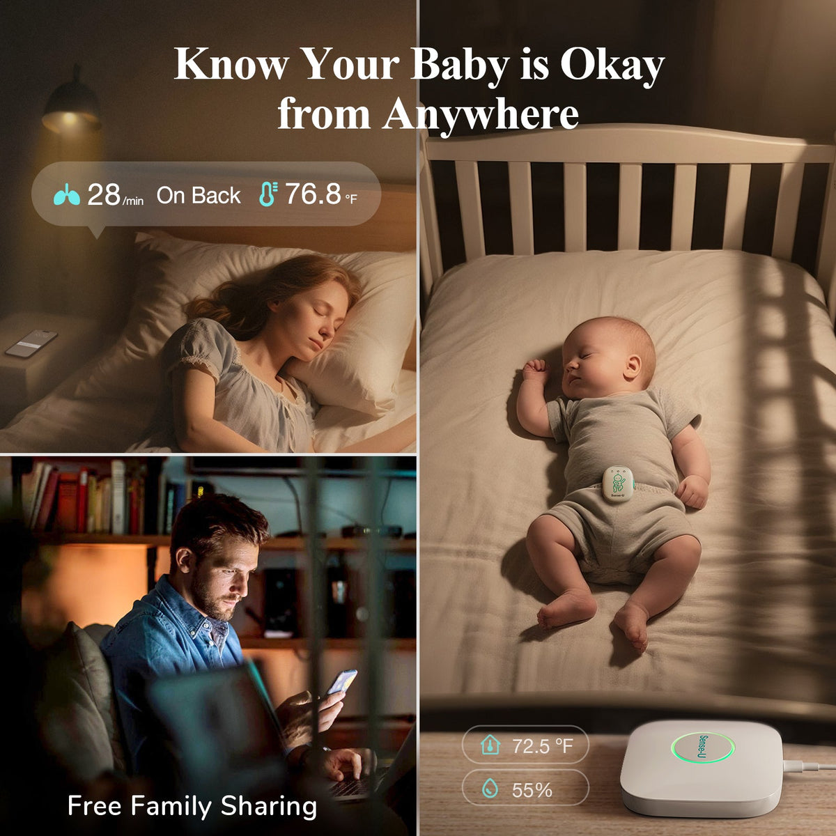 White baby monitor base on bedside table with smartphone app showing status