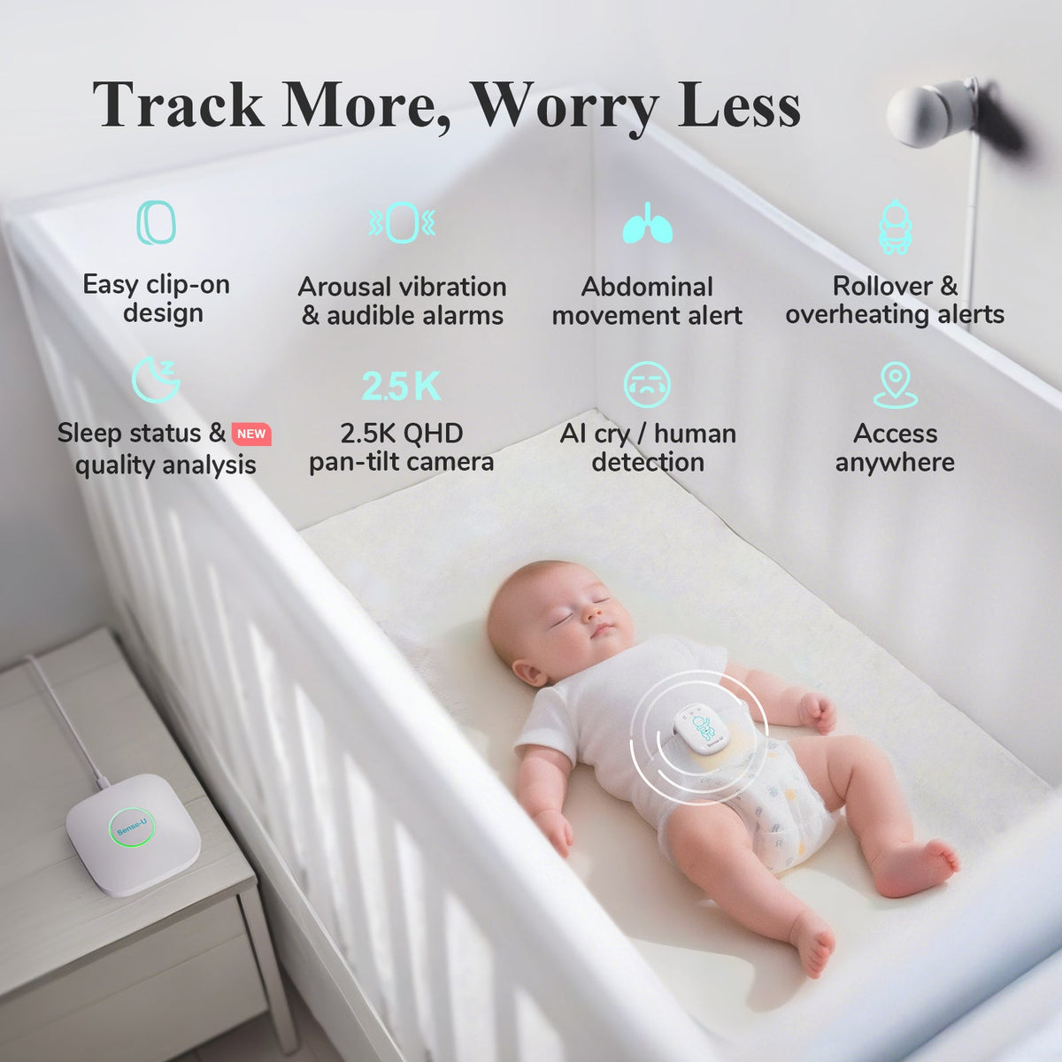 Baby monitor base unit on a nightstand beside a white crib with a sleeping infant