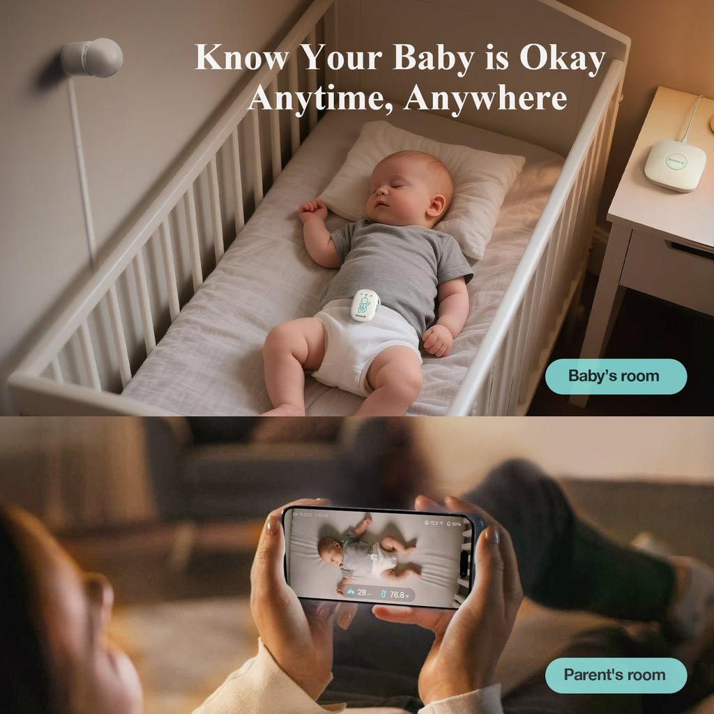 Baby monitor app on a smartphone showing a baby sleeping in a crib