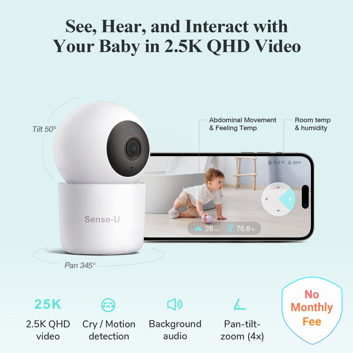 White baby monitor camera with smart screen showing pan-tilt video and motion icons