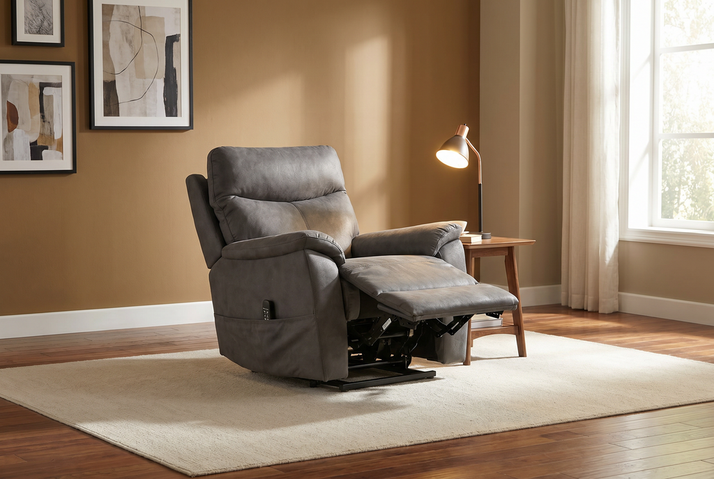 Slate grey power lift recliner chair shown open with footrest extended