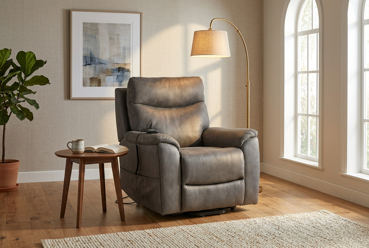 Dark slate grey power lift recliner chair with padded headrest and armrests