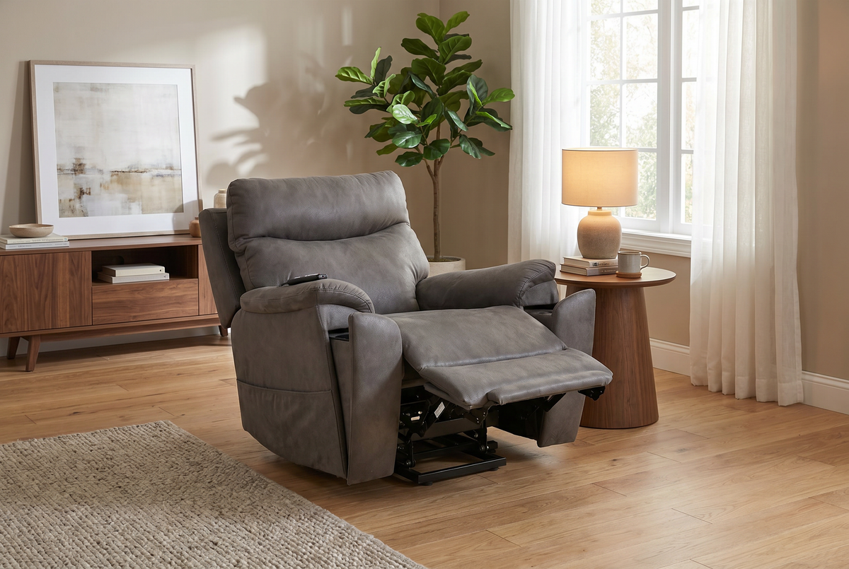Slate grey power lift recliner with adjustable headrest and reclined seat