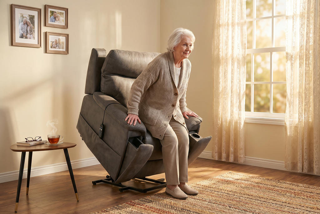 Slate grey power lift chair with raised back and open footrest