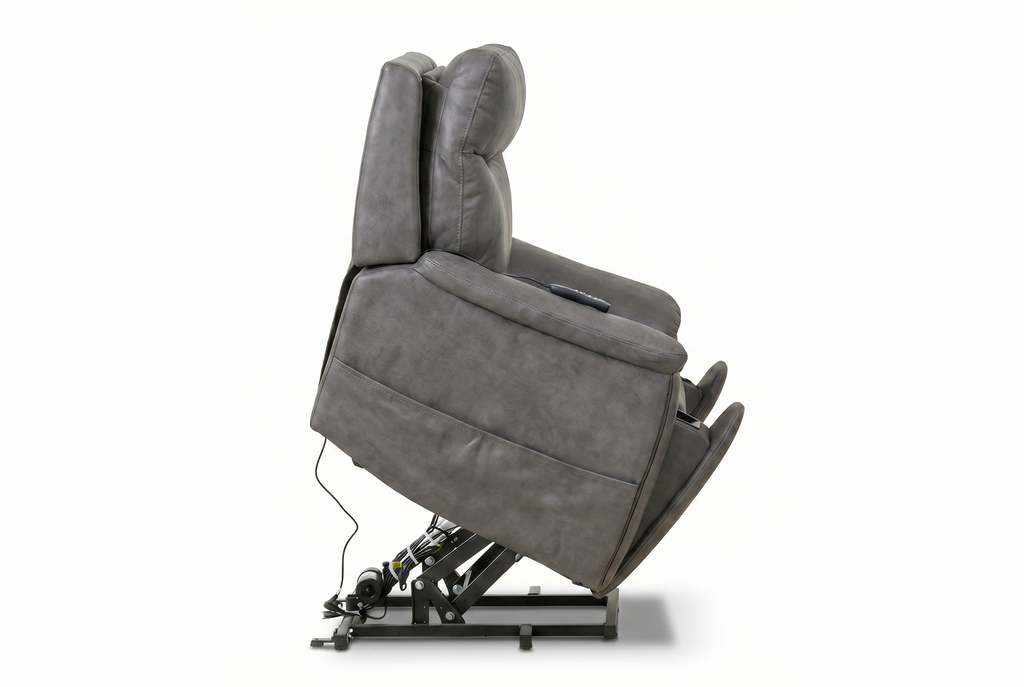 Slate grey power lift recliner chair side view with raised back and base mechanism