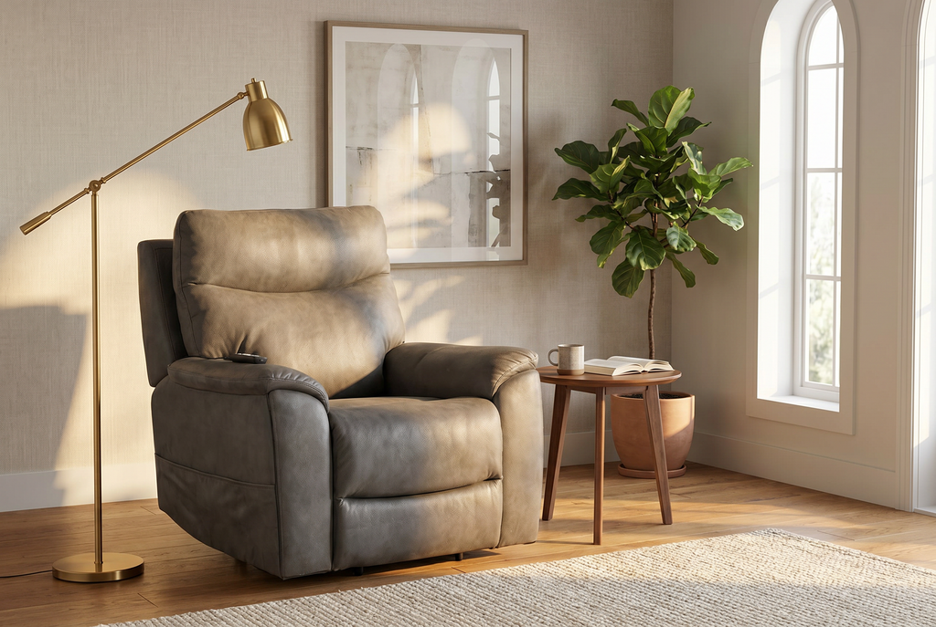 Slate grey power lift recliner chair with tall padded headrest and supportive arms