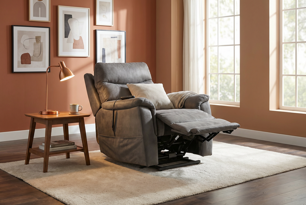 Slate grey power lift recliner chair reclined with headrest up and footrest extended