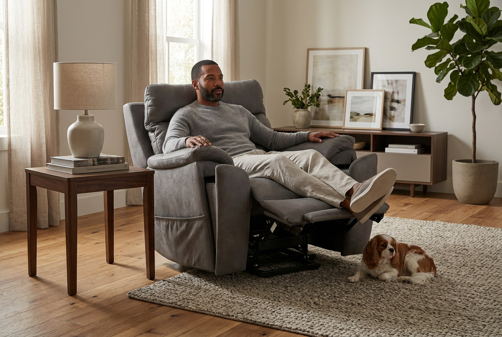 Man reclining in slate grey power lift recliner chair with leg support extended