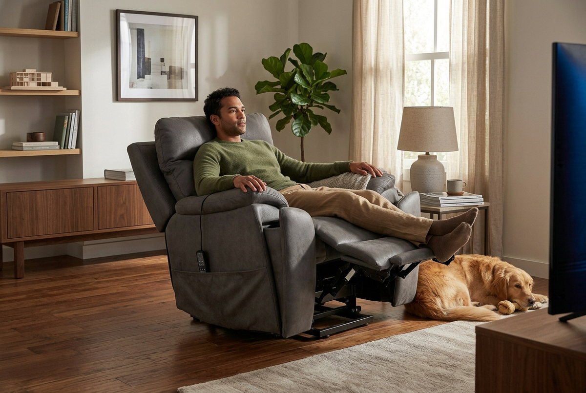 Slate grey lift chair reclining with extended footrest