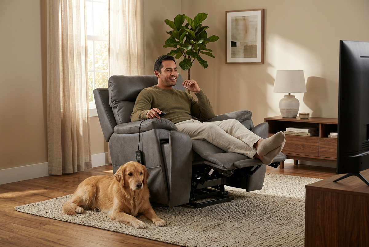 Slate grey power lift chair reclined with supported headrest