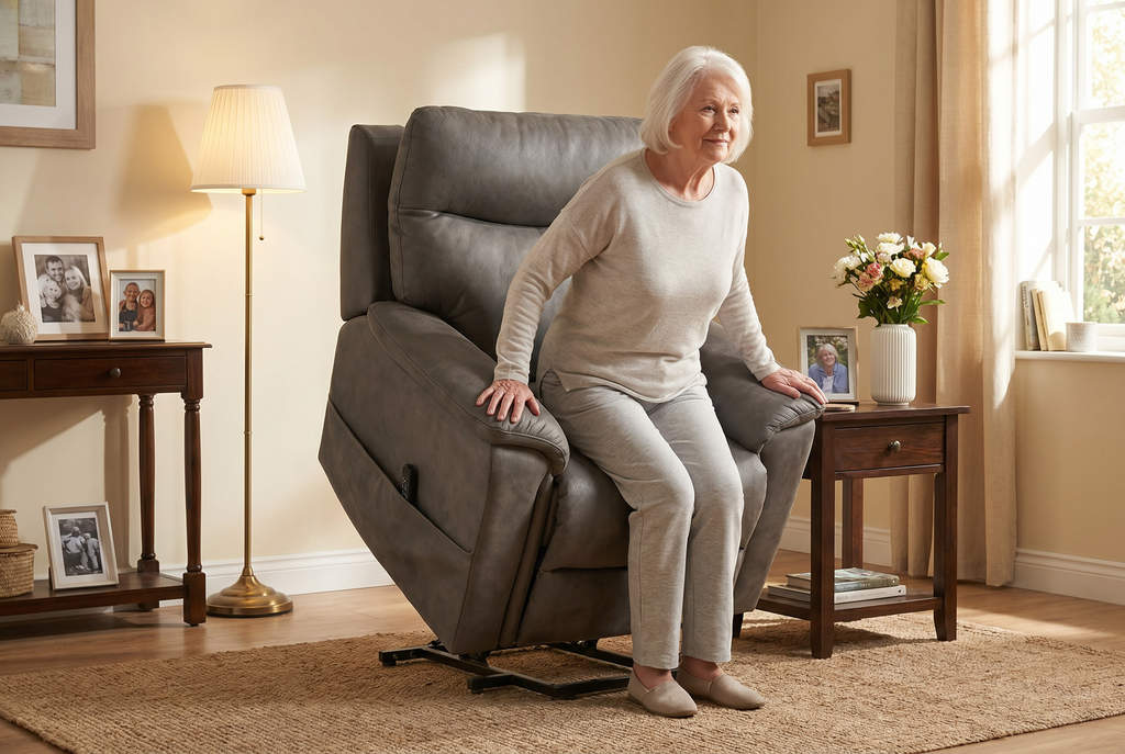 Senior woman seated in slate grey power lift recliner chair with headrest cushion