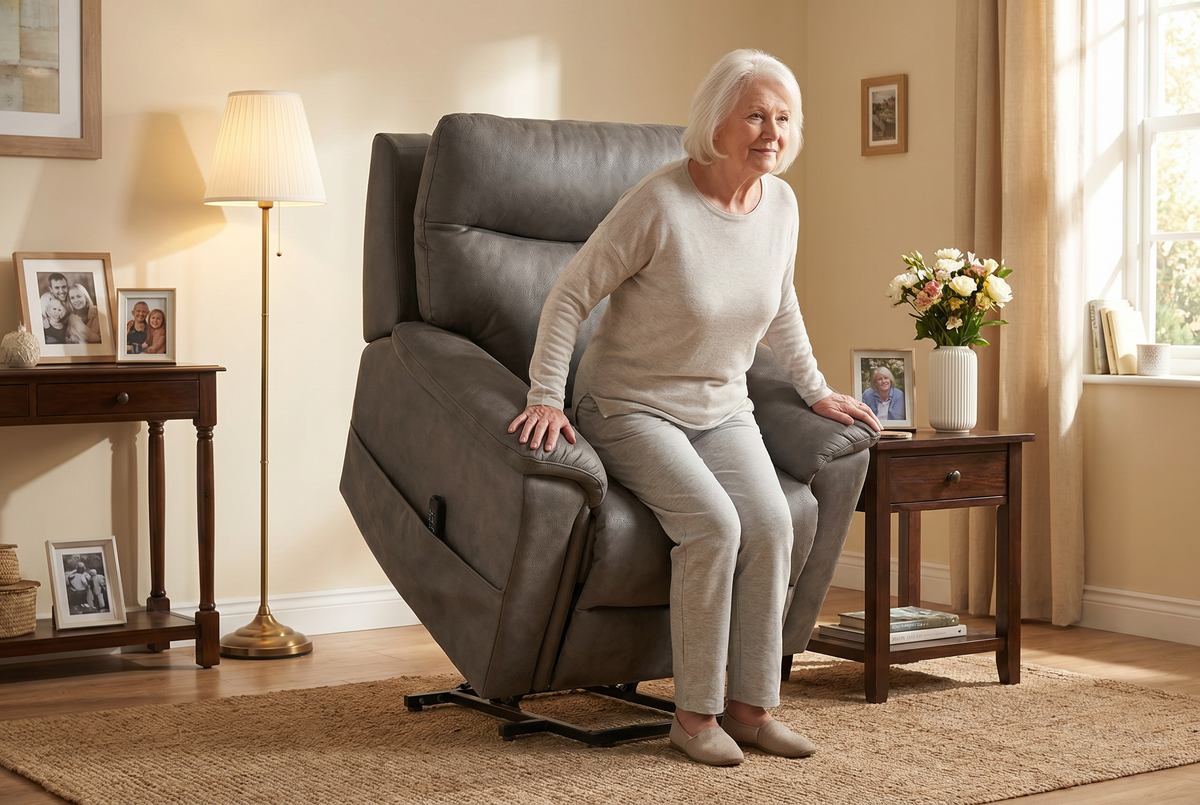 Senior woman seated in slate grey power lift recliner chair with headrest cushion