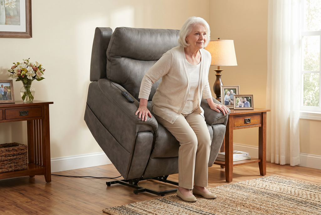 Elderly woman standing beside slate grey power lift recliner chair on lift base