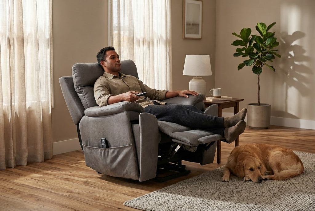 Slate grey lift chair reclined with power headrest and footrest