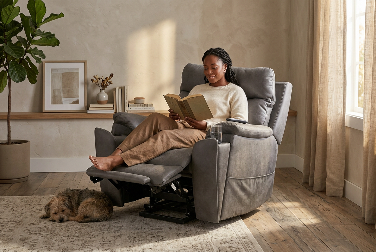 Slate grey power lift chair with footrest fully extended